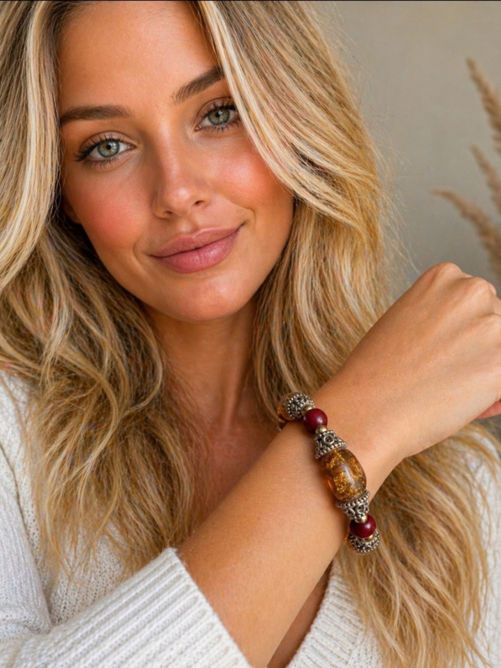 Boho Amber Tone Beaded Bracelet Red Stone Silver Toggle Artisan Style